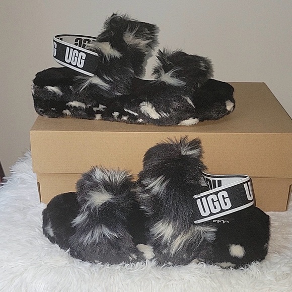 UGG Black and Cream Fluffy Slides Oh Yeah Spots Slippers size 9 - Picture 2 of 5